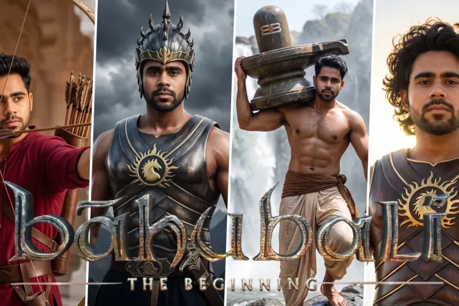 Epic Bahubali-inspired warrior portrait wearing dark armor with a bow in a cinematic setting
