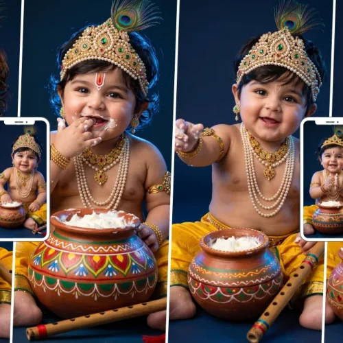 Viral Baby Krishna AI image-generating prompts for Janmashtami featuring cute Little Krishna, Makhan Matki, flute and peacock feather crown