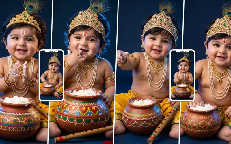 Viral Baby Krishna AI image-generating prompts for Janmashtami featuring cute Little Krishna, Makhan Matki, flute and peacock feather crown