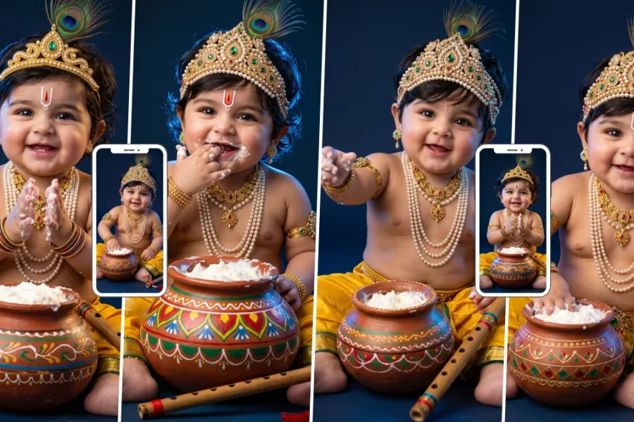 Viral Baby Krishna AI image-generating prompts for Janmashtami featuring cute Little Krishna, Makhan Matki, flute and peacock feather crown