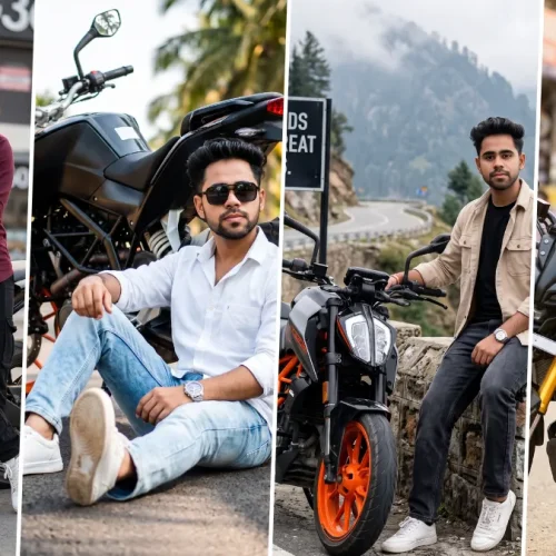 Stylish young Indian man posing with a modern motorcycle in a cinematic outdoor portrait