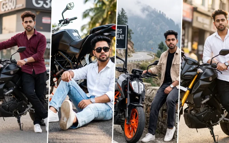 Stylish young Indian man posing with a modern motorcycle in a cinematic outdoor portrait