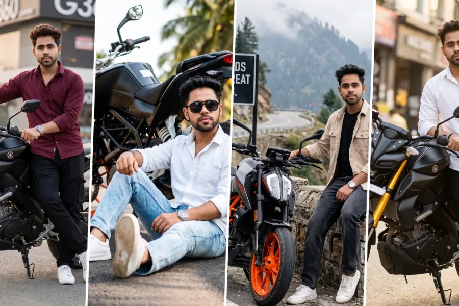 Stylish young Indian man posing with a modern motorcycle in a cinematic outdoor portrait