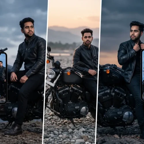 Stylish young man in a black leather jacket posing with a black motorcycle outdoors