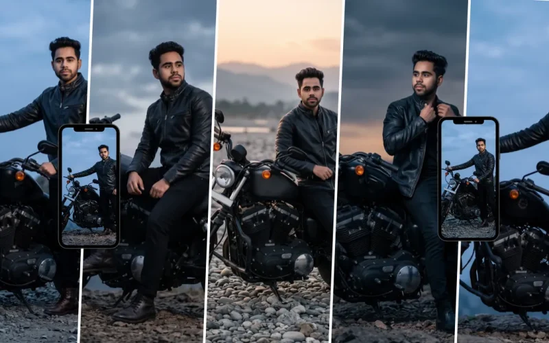 Stylish young man in a black leather jacket posing with a black motorcycle outdoors