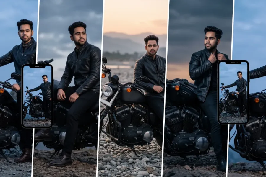 Stylish young man in a black leather jacket posing with a black motorcycle outdoors