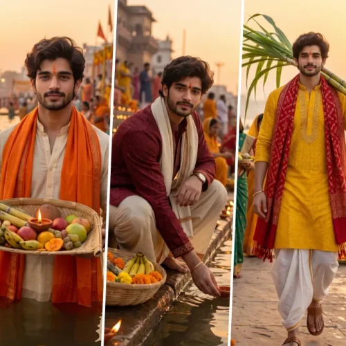 Young Indian man in traditional kurta holding a Chhath Puja offering basket beside a river ghat