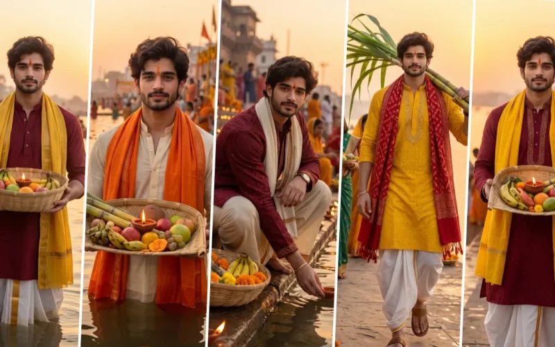 Young Indian man in traditional kurta holding a Chhath Puja offering basket beside a river ghat