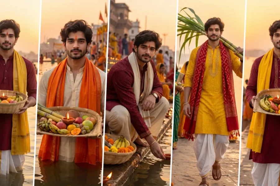 Young Indian man in traditional kurta holding a Chhath Puja offering basket beside a river ghat