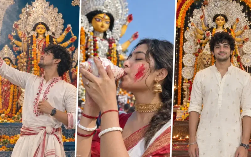 Indian men and women celebrating Durga Puja in traditional Bengali outfits at a decorated Durga idol pandal