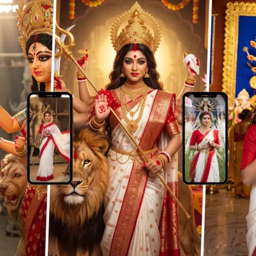 Woman in a red and white Bengali saree posing with Maa Durga during Durga Puja