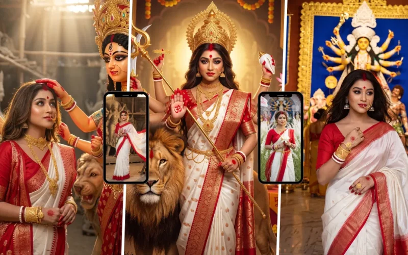 Woman in a red and white Bengali saree posing with Maa Durga during Durga Puja