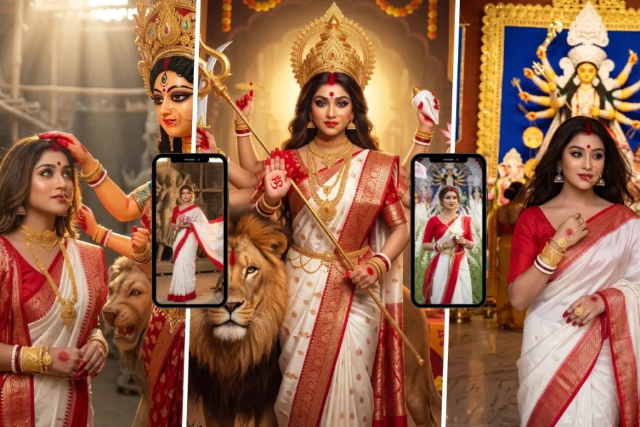 Woman in a red and white Bengali saree posing with Maa Durga during Durga Puja