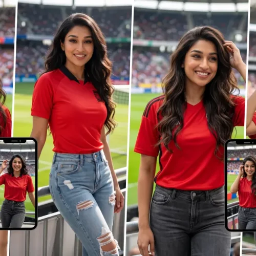 Female football fan in a red jersey in an AI-generated match-day portrait
