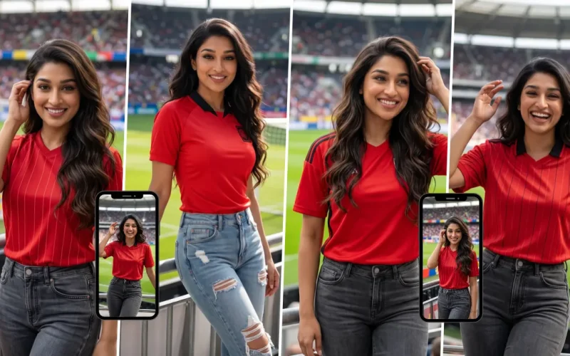 Female football fan in a red jersey in an AI-generated match-day portrait