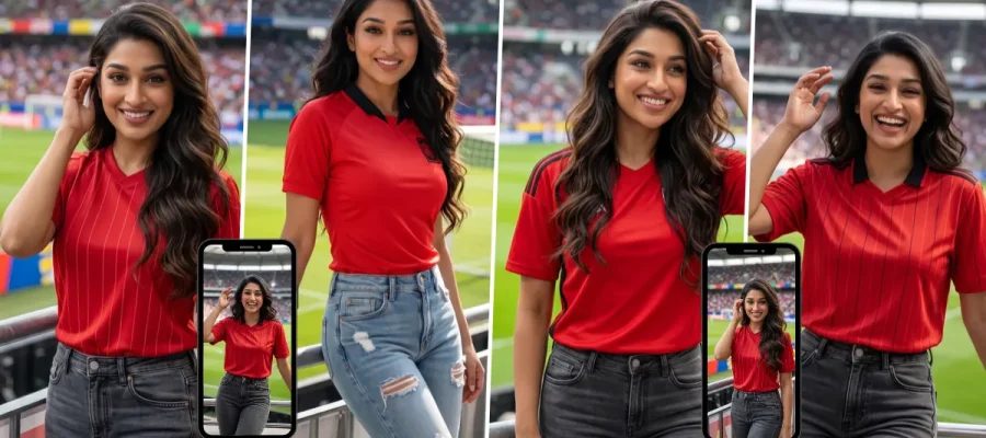 Female football fan in a red jersey in an AI-generated match-day portrait