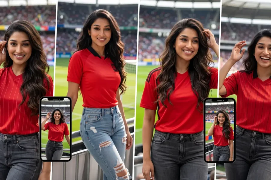 Female football fan in a red jersey in an AI-generated match-day portrait