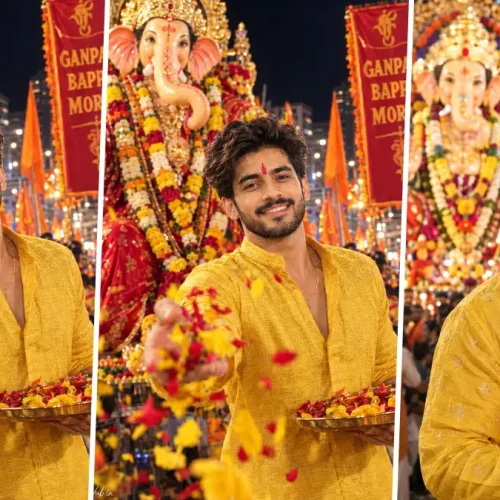 Young Indian man wearing a yellow kurta celebrating Ganesh Chaturthi with Ganpati Bappa