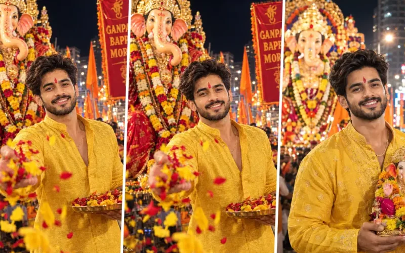 Young Indian man wearing a yellow kurta celebrating Ganesh Chaturthi with Ganpati Bappa