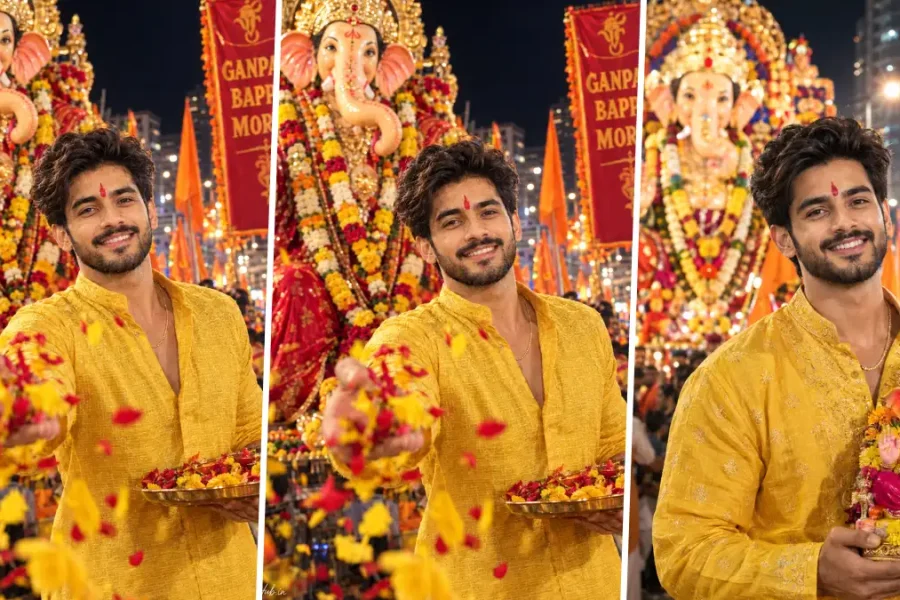 Young Indian man wearing a yellow kurta celebrating Ganesh Chaturthi with Ganpati Bappa