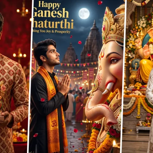 Young man in traditional Indian clothing with Lord Ganesha during Ganesh Chaturthi