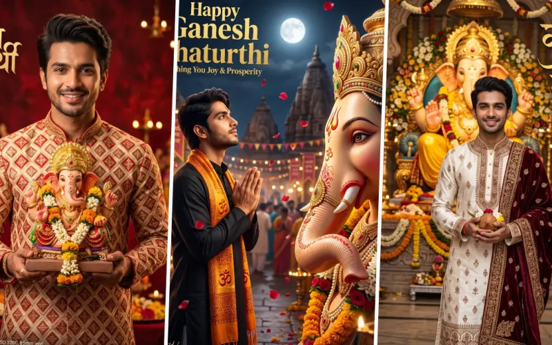 Young man in traditional Indian clothing with Lord Ganesha during Ganesh Chaturthi