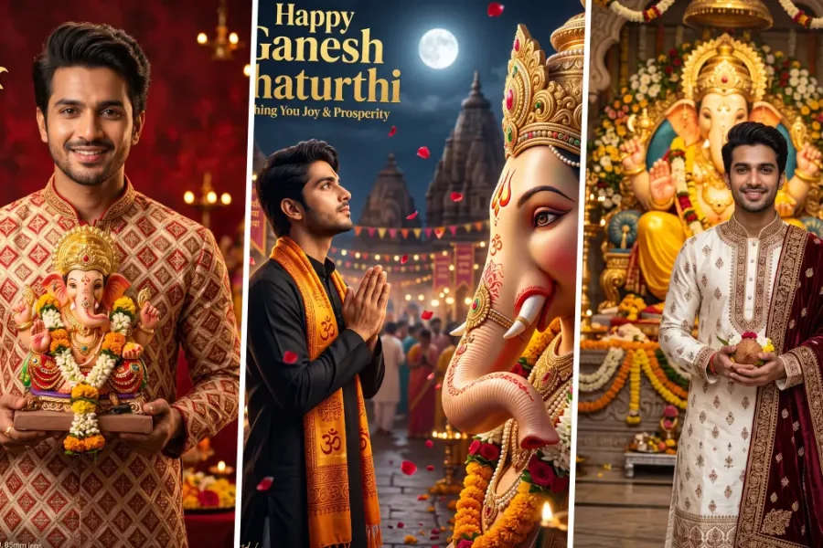Young man in traditional Indian clothing with Lord Ganesha during Ganesh Chaturthi