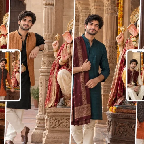 Stylish young man in traditional Indian clothing posing beside Lord Ganesha during Ganesh Chaturthi