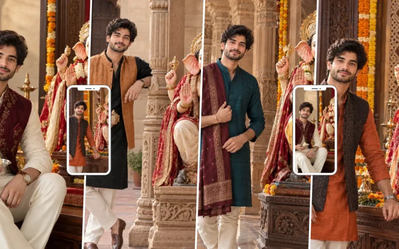 Stylish young man in traditional Indian clothing posing beside Lord Ganesha during Ganesh Chaturthi