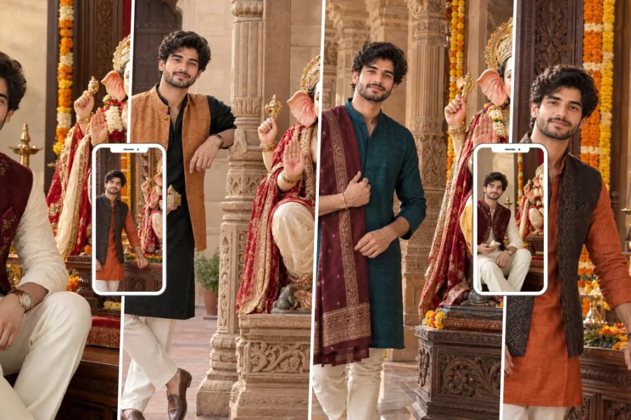 Stylish young man in traditional Indian clothing posing beside Lord Ganesha during Ganesh Chaturthi