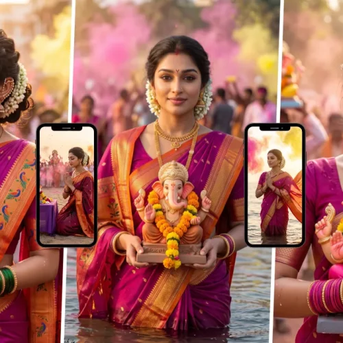 Woman in a traditional saree holding Lord Ganesha during Ganesh Visarjan