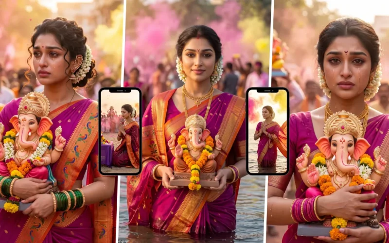 Woman in a traditional saree holding Lord Ganesha during Ganesh Visarjan