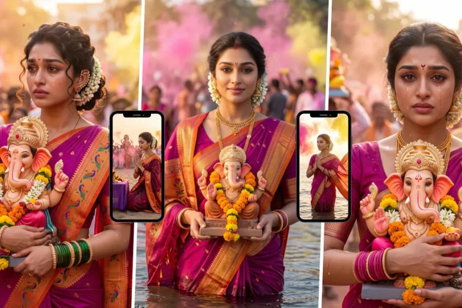 Woman in a traditional saree holding Lord Ganesha during Ganesh Visarjan