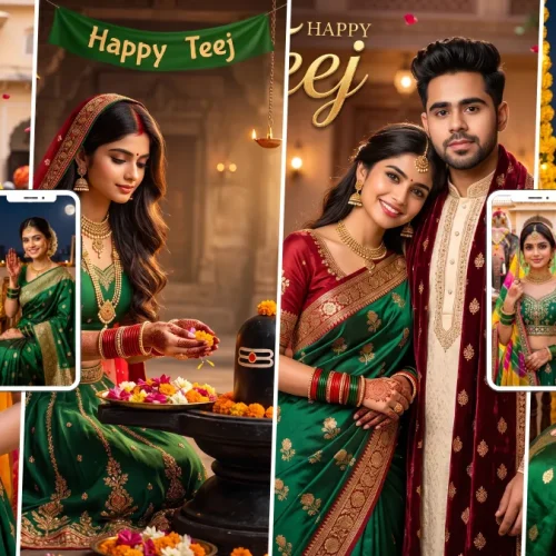 Indian woman in a traditional green saree celebrating Teej with festive puja decorations and a couple portrait