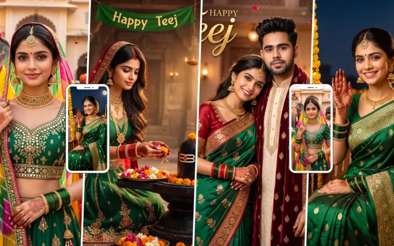 Indian woman in a traditional green saree celebrating Teej with festive puja decorations and a couple portrait
