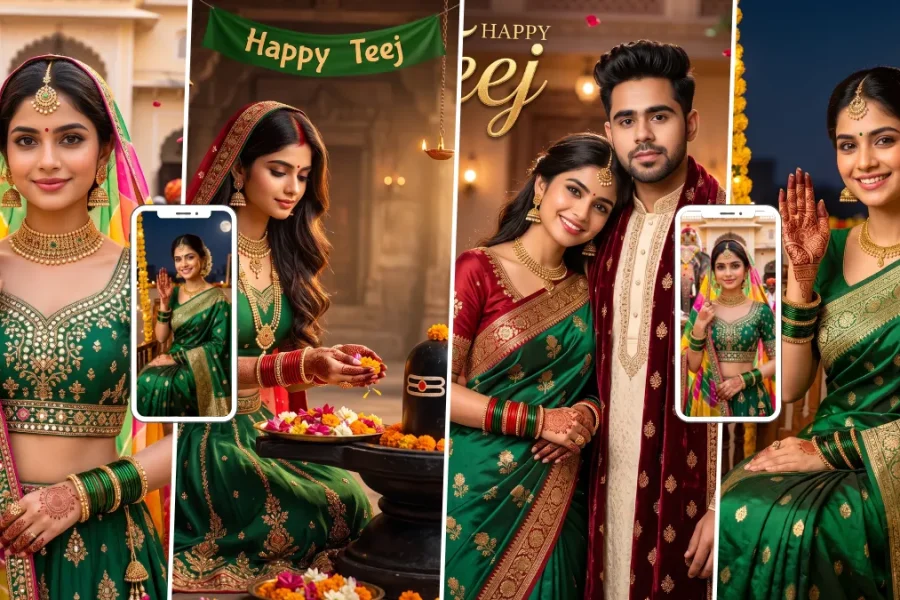 Indian woman in a traditional green saree celebrating Teej with festive puja decorations and a couple portrait