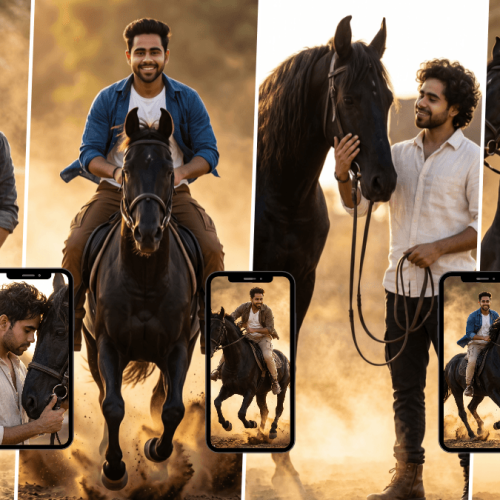 Stylish young man posing and riding a black horse in cinematic golden-hour outdoor scenery
