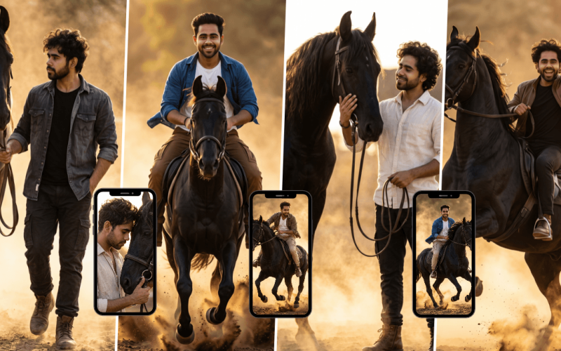 Stylish young man posing and riding a black horse in cinematic golden-hour outdoor scenery