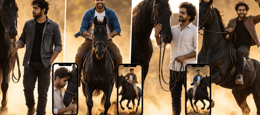 Stylish young man posing and riding a black horse in cinematic golden-hour outdoor scenery