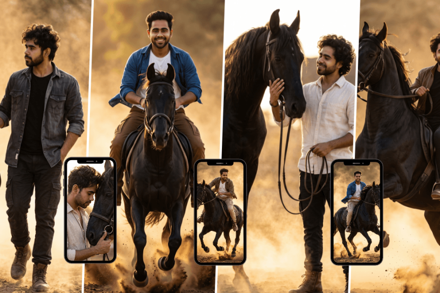 Stylish young man posing and riding a black horse in cinematic golden-hour outdoor scenery