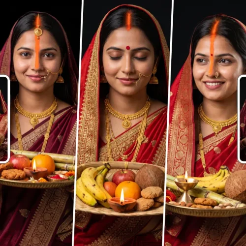 Indian woman in a red traditional saree holding a decorated Karwa Chauth puja thali