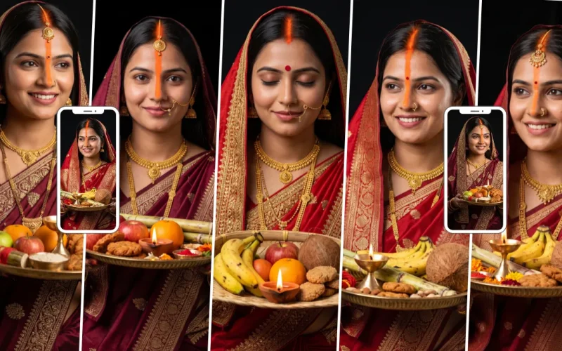 Indian woman in a red traditional saree holding a decorated Karwa Chauth puja thali