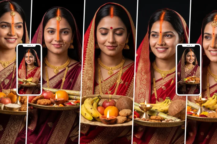 Indian woman in a red traditional saree holding a decorated Karwa Chauth puja thali