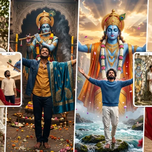 Devotee standing before Lord Krishna in a cinematic spiritual scene with temple artwork and divine devotional atmosphere