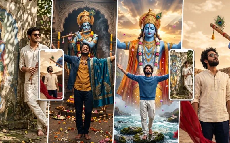 Devotee standing before Lord Krishna in a cinematic spiritual scene with temple artwork and divine devotional atmosphere