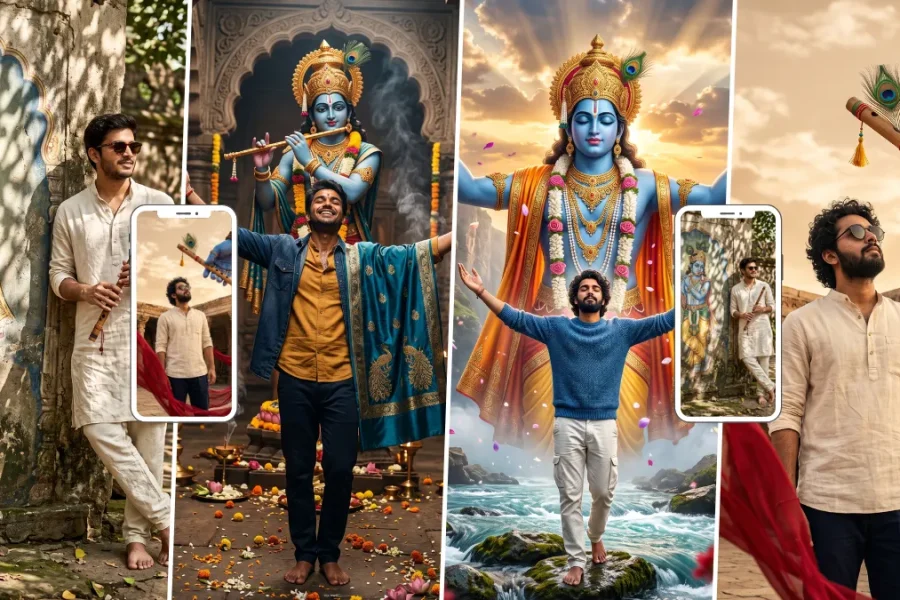 Devotee standing before Lord Krishna in a cinematic spiritual scene with temple artwork and divine devotional atmosphere