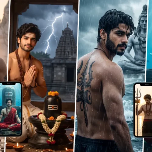 Young man with Rudraksha and Trishul in a cinematic Mahadev devotional AI portrait