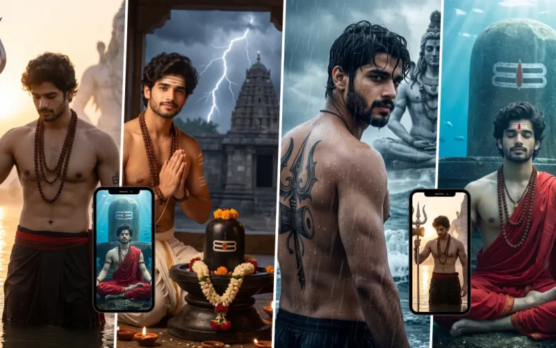 Young man with Rudraksha and Trishul in a cinematic Mahadev devotional AI portrait