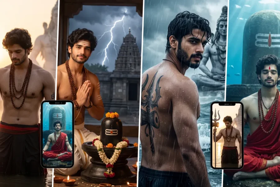 Young man with Rudraksha and Trishul in a cinematic Mahadev devotional AI portrait