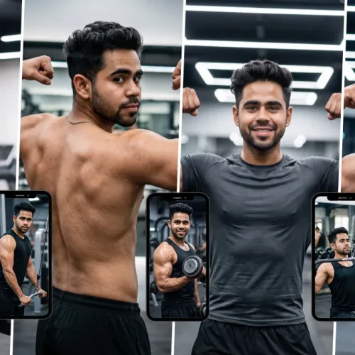 Muscular man working out and flexing in a modern gym in AI-generated fitness portraits
